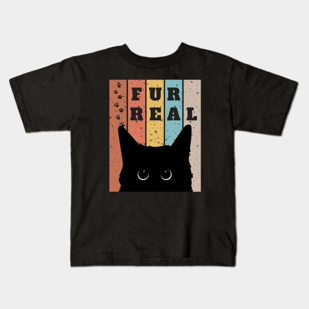 fur real - cute black cat makes eye contact Kids T-Shirt by shoreamy